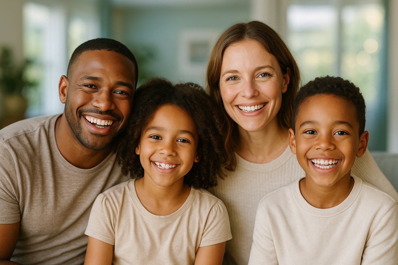 A happy family with healthy smiles, members of the Way Dental Savings Plan in Evanston, IL