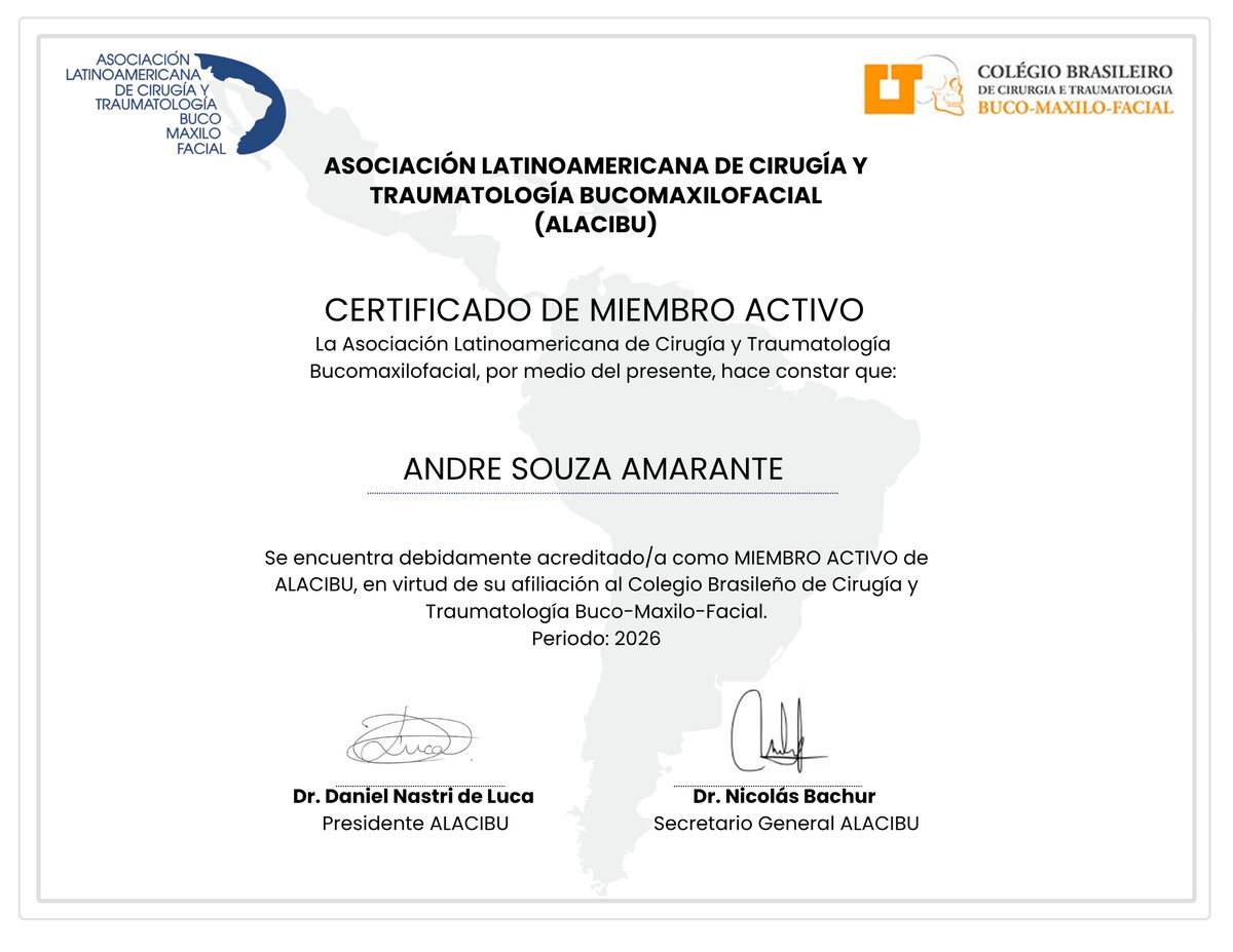 Dr. Andre Amarante is an Active Member of the Asociación Latinoamericana de Cirugía y Traumatología Bucomaxilofacial (ALACIBU). ALACIBU Active Member Certificate - Dr. Andre Amarante in Evanston, IL